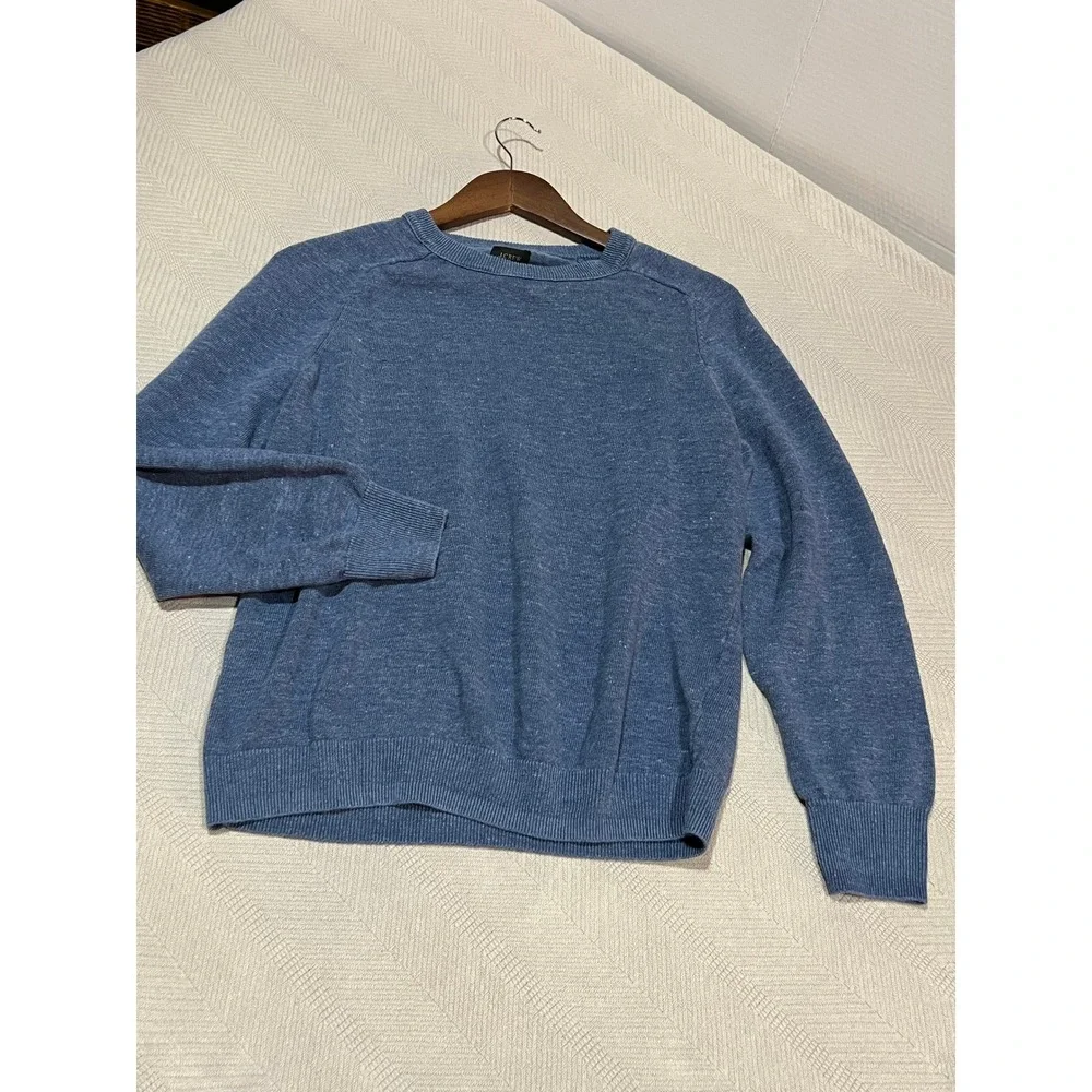 J. CREW Linen Cotton Men's Small Heather Blue Pullover Crew Neck Stretchy Casual